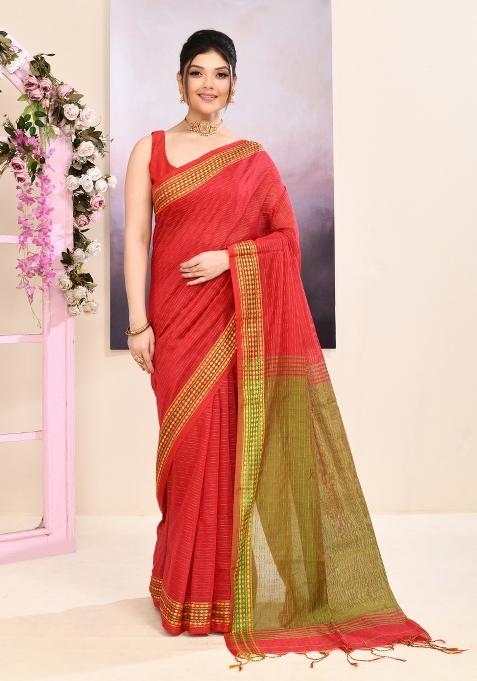 Red Handloom Cotton Saree Set