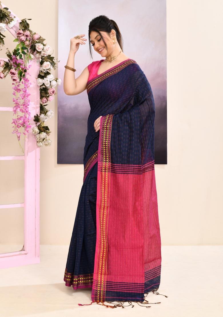 Navy Blue Handloom Cotton Saree Set - Indya