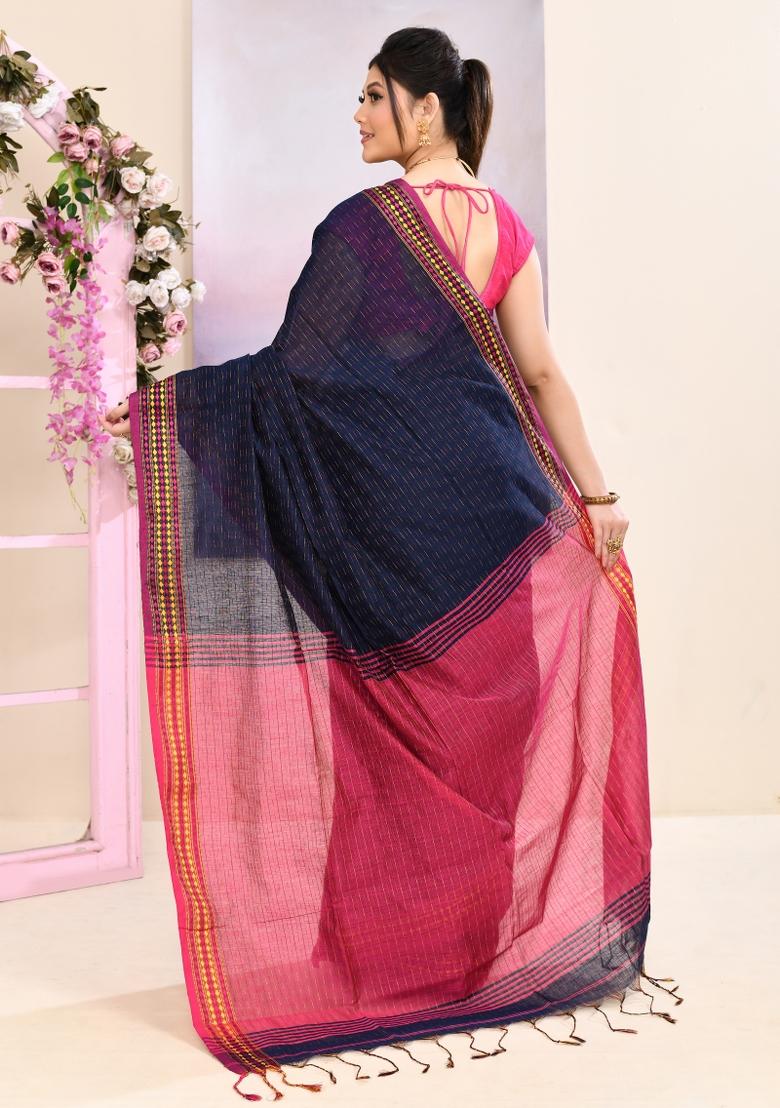 Navy Blue Handloom Cotton Saree Set - Indya