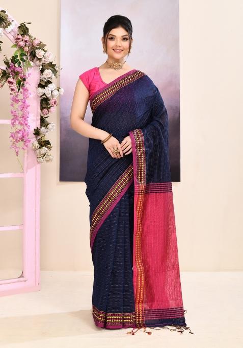 Navy Blue Handloom Cotton Saree Set