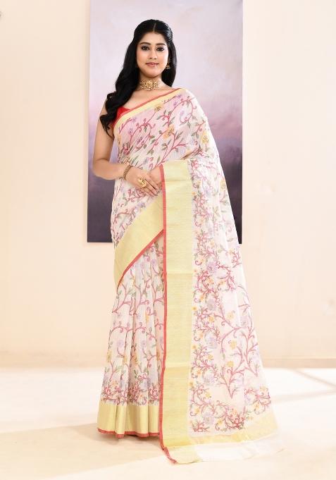 White Printed Cotton Saree Set