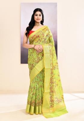 Olive Printed Cotton Saree Set