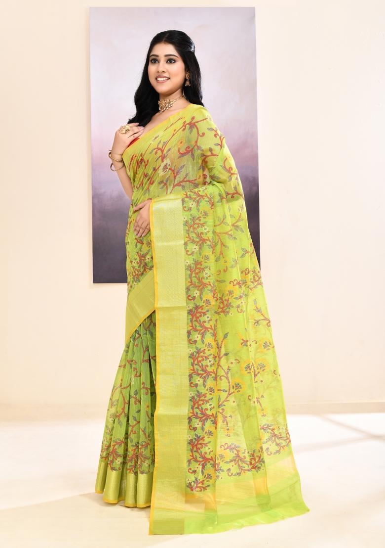 Olive Printed Cotton Saree Set - Indya