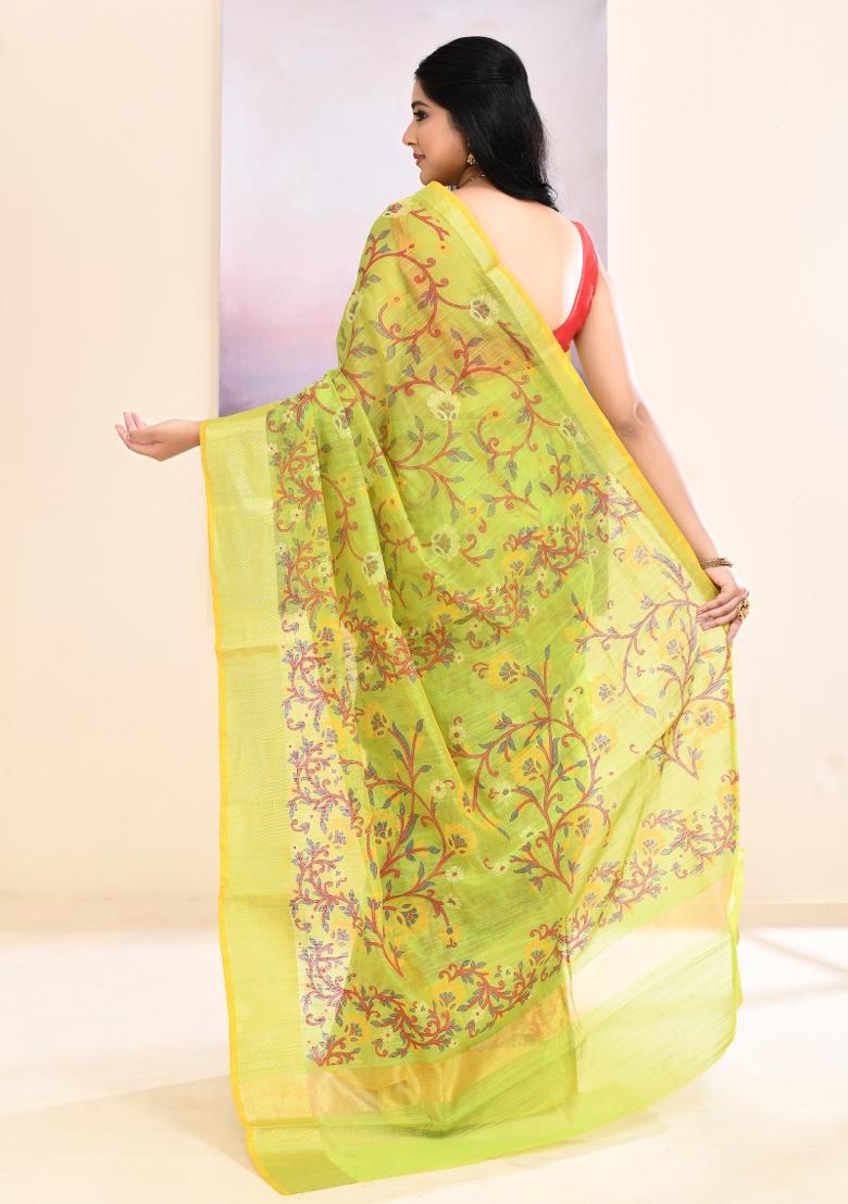 Olive Printed Cotton Saree Set - Indya