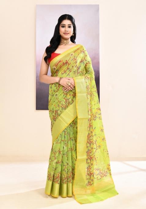 Olive Printed Cotton Saree Set