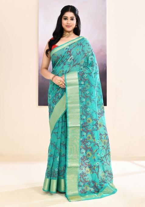 Turquoise Printed Cotton Saree Set
