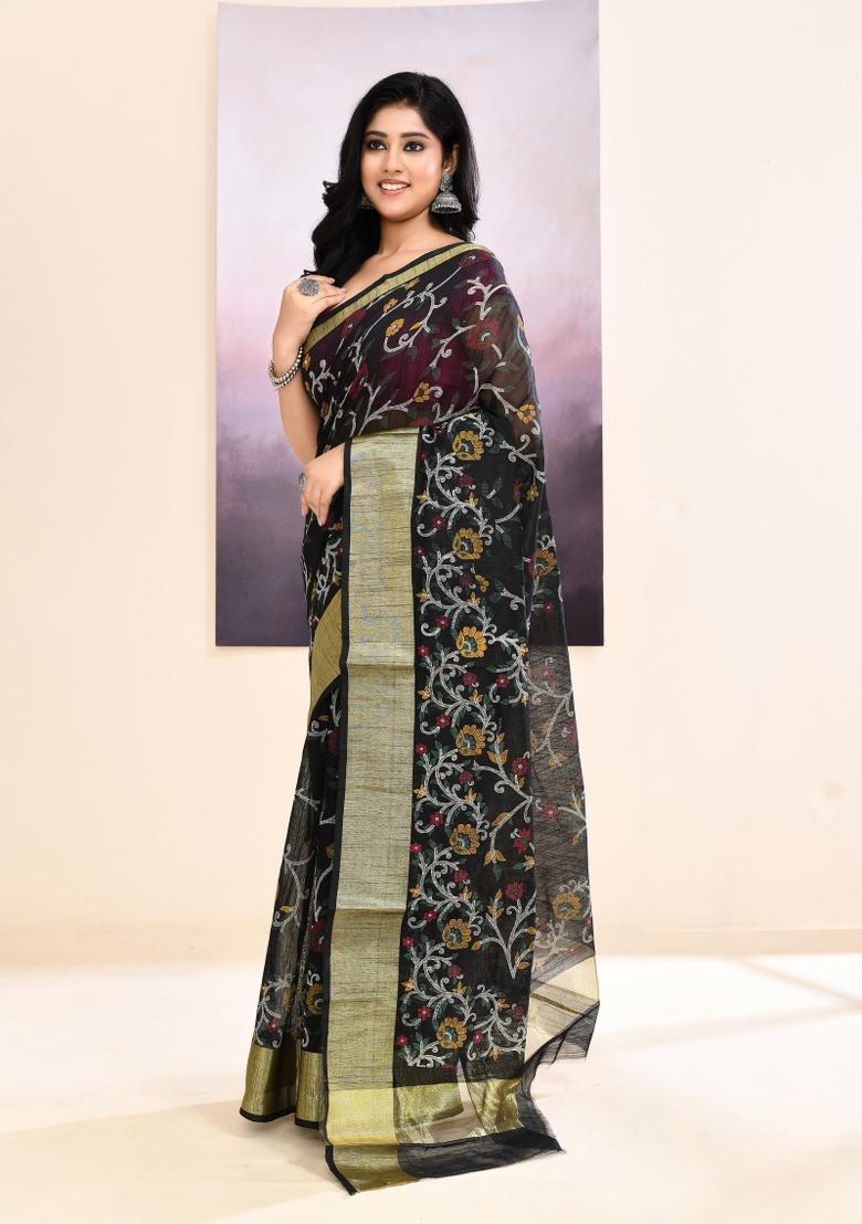 Black Printed Cotton Saree Set - Indya