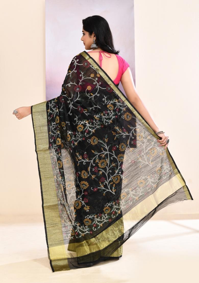 Black Printed Cotton Saree Set - Indya
