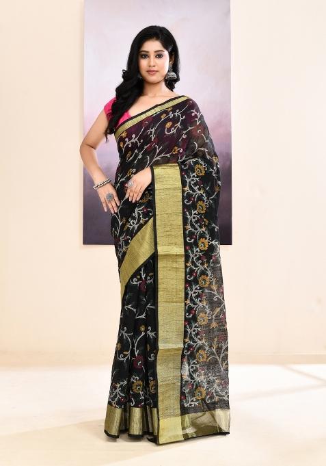 Black Printed Cotton Saree Set