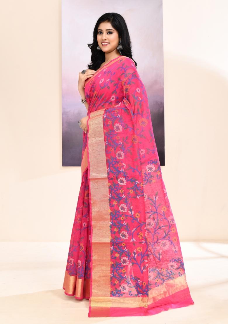 Pink Printed Cotton Saree Set - Indya