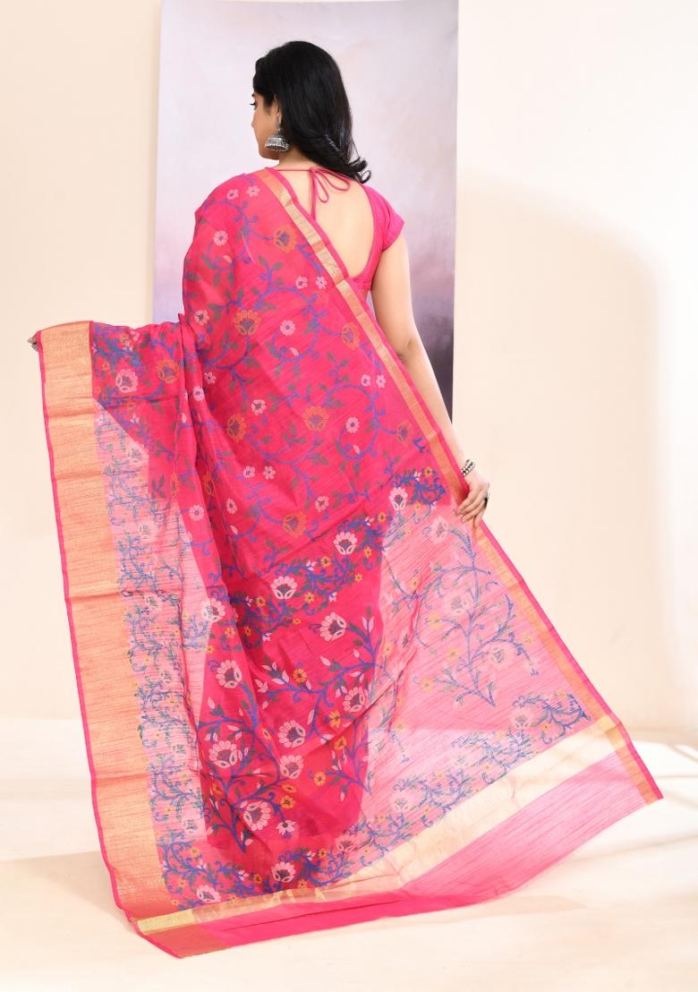 Pink Printed Cotton Saree Set - Indya