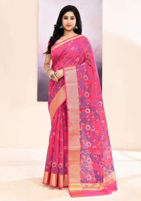 Pink Printed Cotton Saree Set