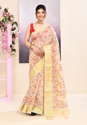 Beige Printed Cotton Saree Set