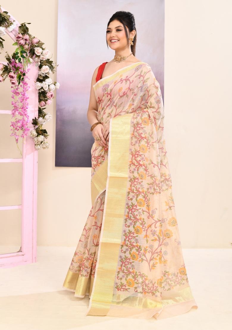Beige Printed Cotton Saree Set - Indya