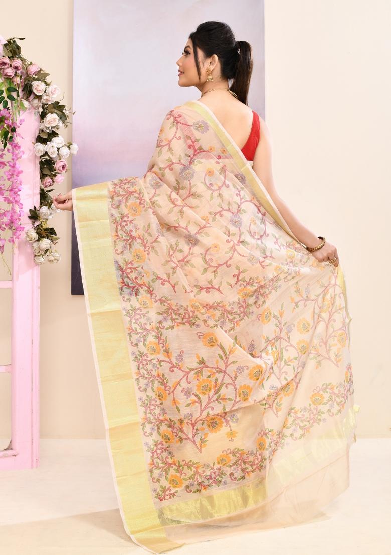 Beige Printed Cotton Saree Set - Indya