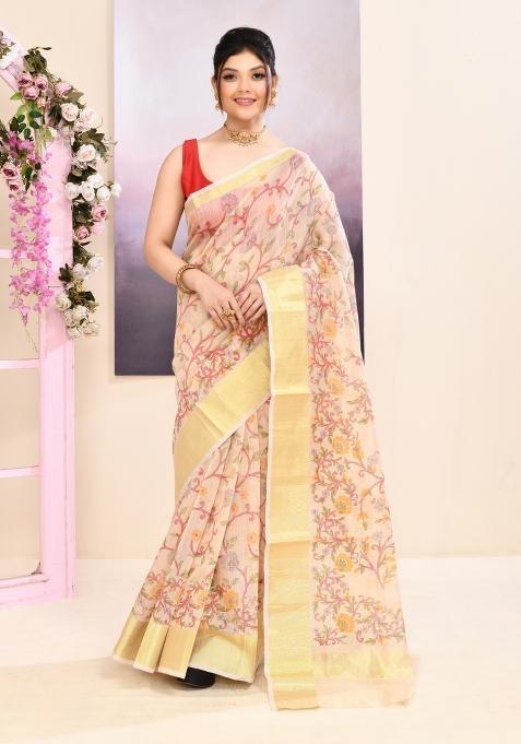Beige Printed Cotton Saree Set