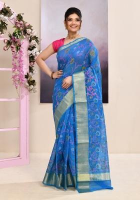 Sky Blue Printed Cotton Saree Set