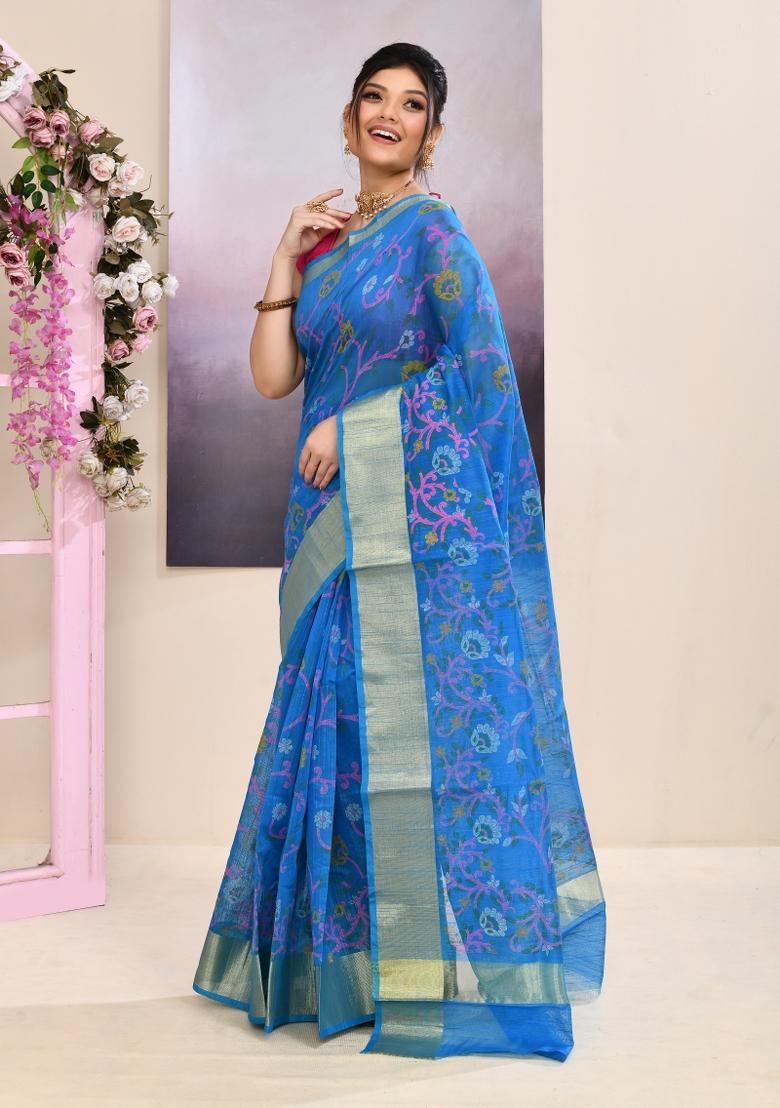 Sky Blue Printed Cotton Saree Set - Indya