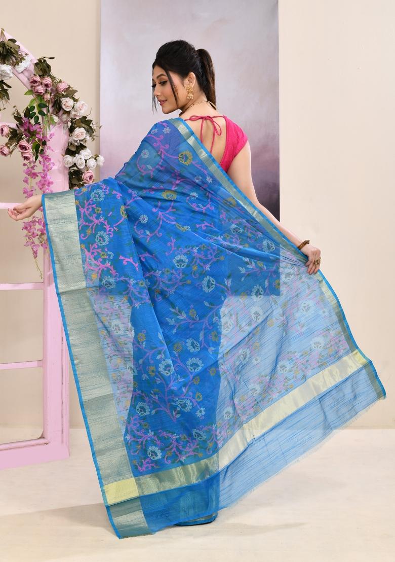 Sky Blue Printed Cotton Saree Set - Indya