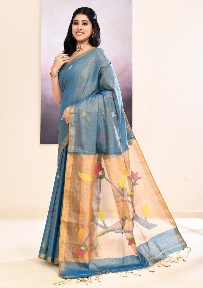 Sky Blue Jamdani Tissue Saree Set - Indya