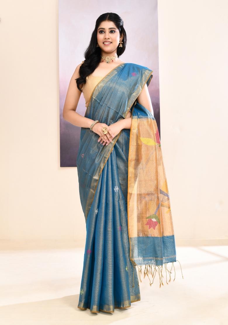 Sky Blue Jamdani Tissue Saree Set - Indya