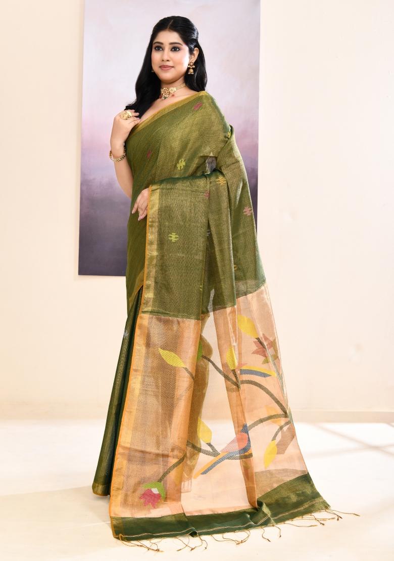 Moss Green Jamdani Tissue Saree Set - Indya