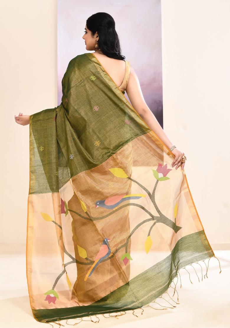 Moss Green Jamdani Tissue Saree Set - Indya
