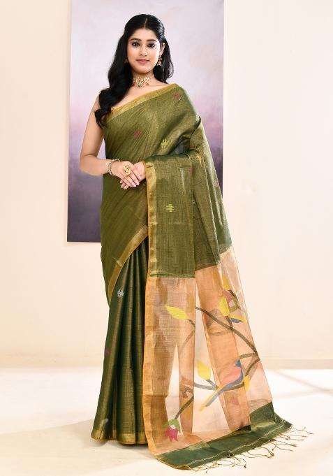 Moss Green Jamdani Tissue Saree Set