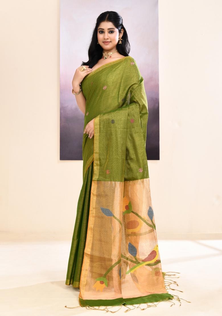 Olive Jamdani Tissue Saree Set - Indya