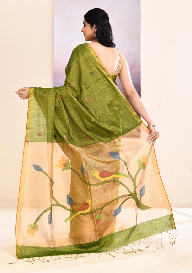 Yellow Jamdani Tissue Saree Set - Indya