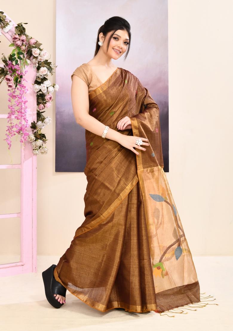 Brown Jamdani Tissue Saree Set - Indya
