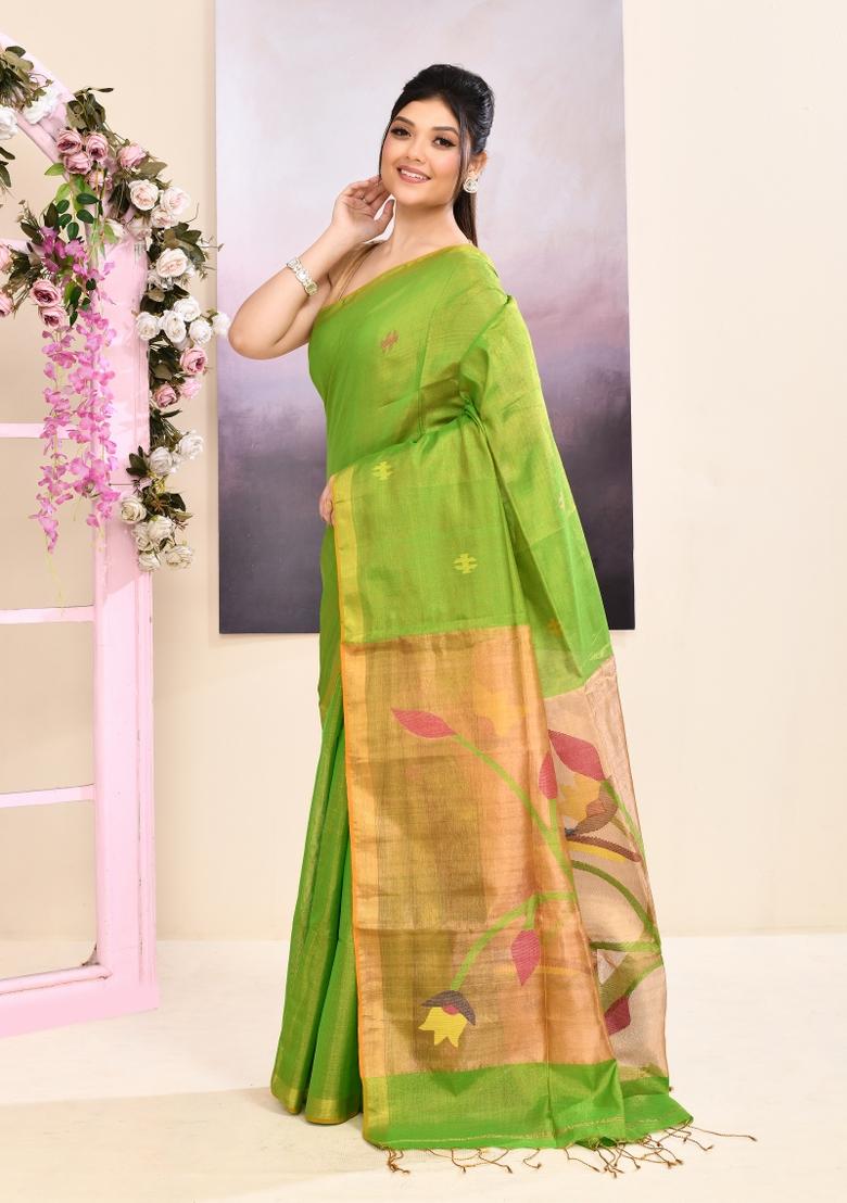 Green Jamdani Tissue Saree Set - Indya