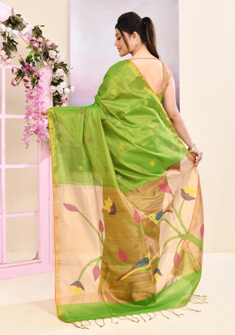 Green Jamdani Tissue Saree Set - Indya