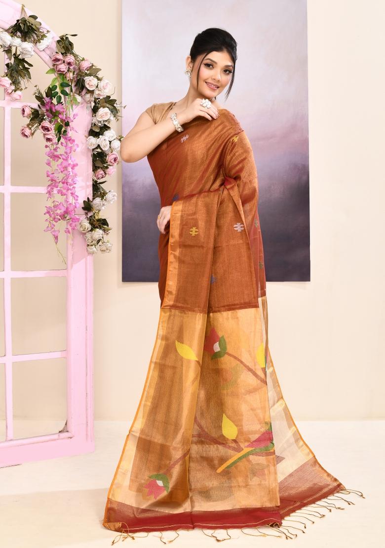 Brown Jamdani Tissue Saree Set - Indya