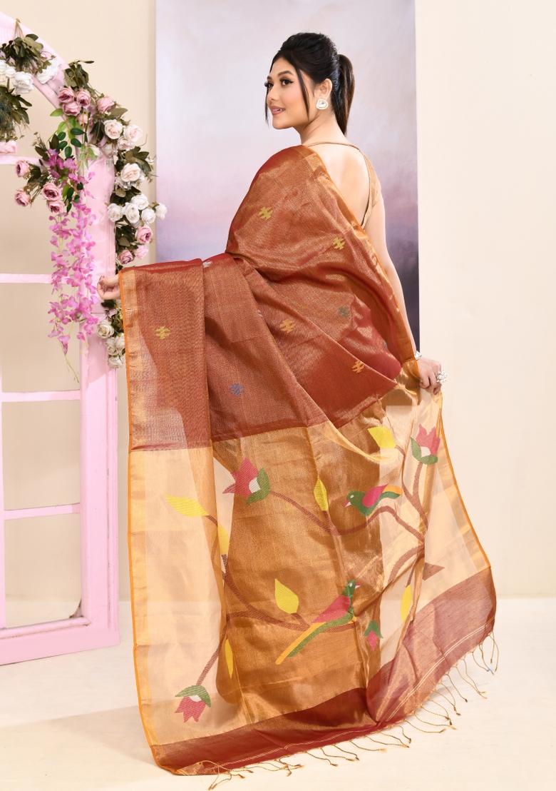 Brown Jamdani Tissue Saree Set - Indya