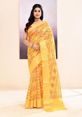 Yellow Printed Cotton Saree Set