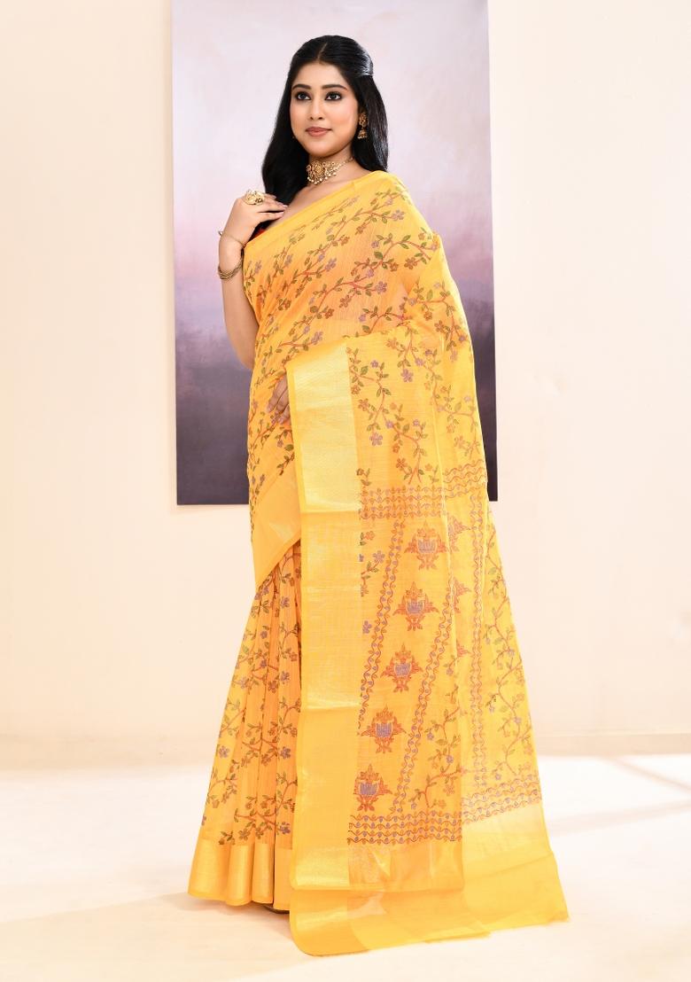 Yellow Printed Cotton Saree Set - Indya