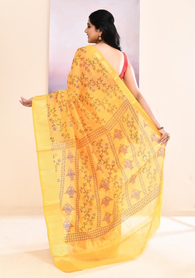 Yellow Printed Cotton Saree Set - Indya