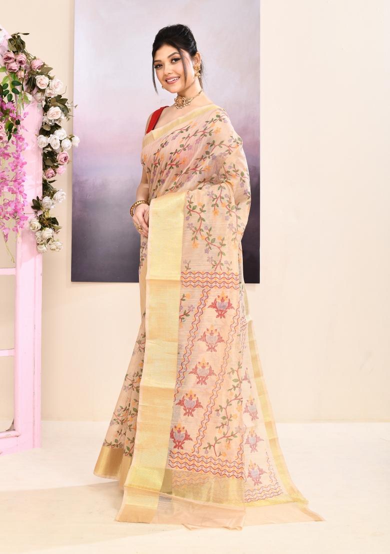 Beige Printed Cotton Saree Set - Indya