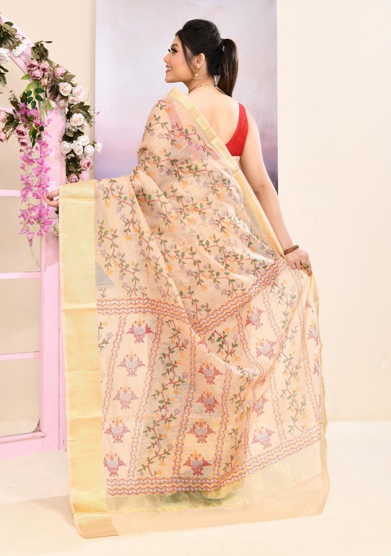 Beige Printed Cotton Saree Set - Indya