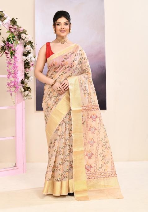 Beige Printed Cotton Saree Set