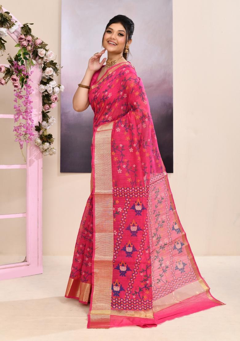 Pink Printed Cotton Saree Set - Indya