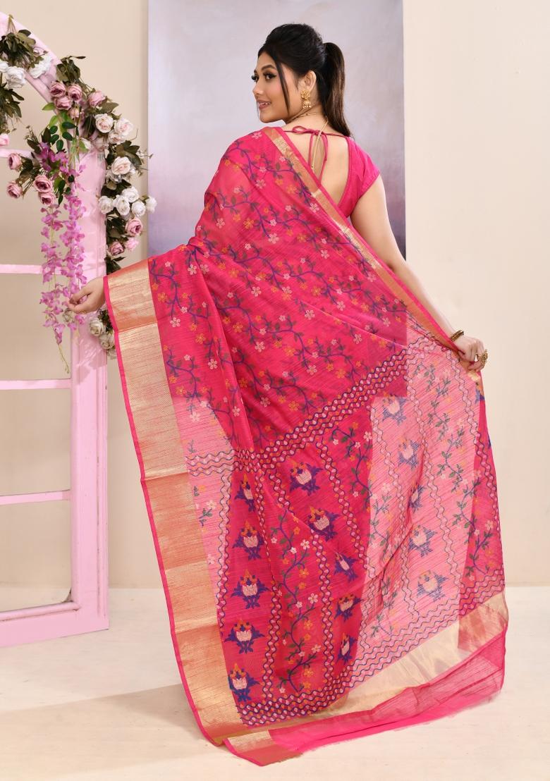 Pink Printed Cotton Saree Set - Indya