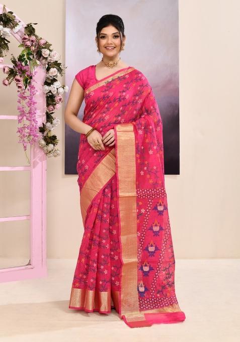 Pink Printed Cotton Saree Set