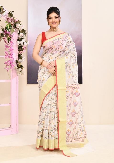 White Printed Cotton Saree Set