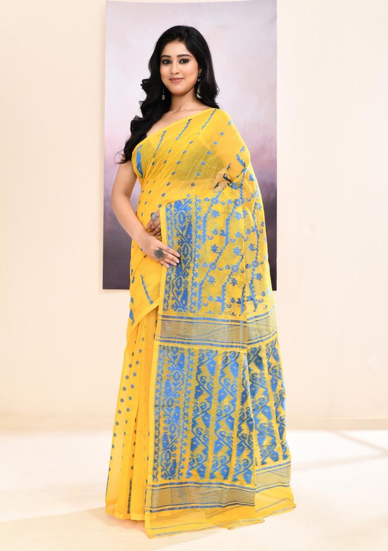 Yellow Jamdani Cotton Saree Set - Indya