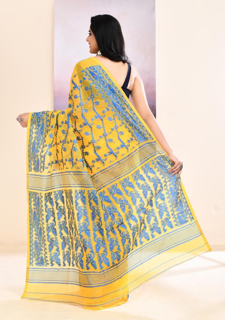 Yellow Jamdani Cotton Saree Set - Indya
