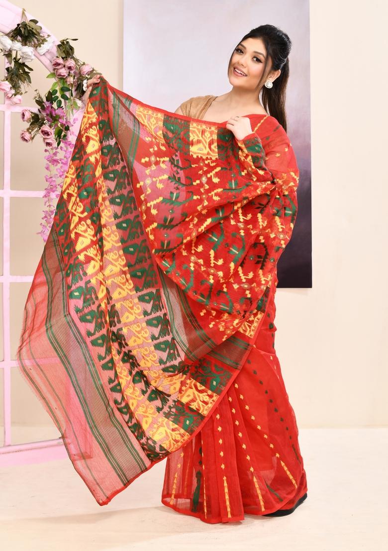 Red Jamdani Cotton Saree Set - Indya