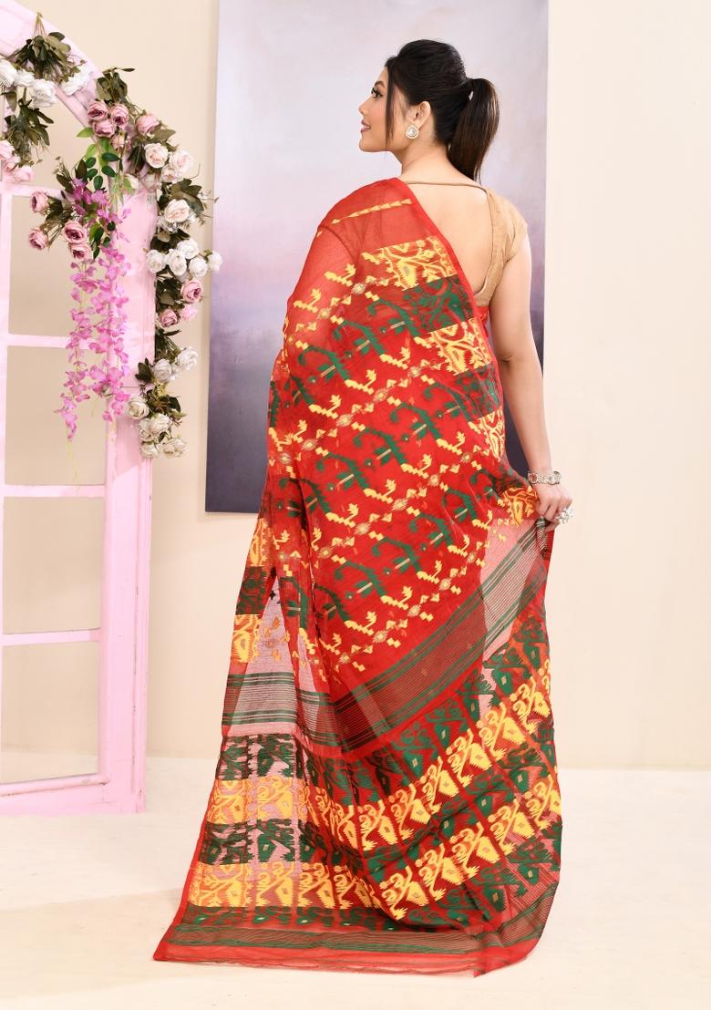 Red Jamdani Cotton Saree Set - Indya