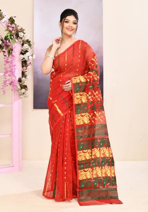 Red Jamdani Cotton Saree Set